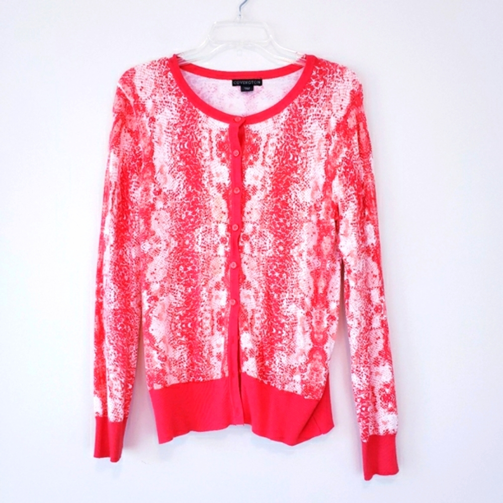 Covington Orange Coral Snakeskin Print Cardigan Sweater Size XL Button Down